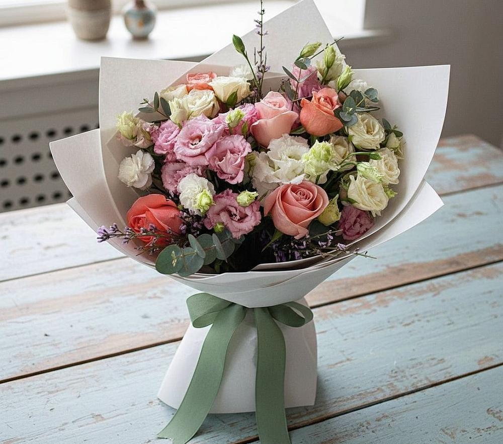 Букет цветов из: Розы, Лизиантусы и Гвоздики в Майском Республики Адыгея